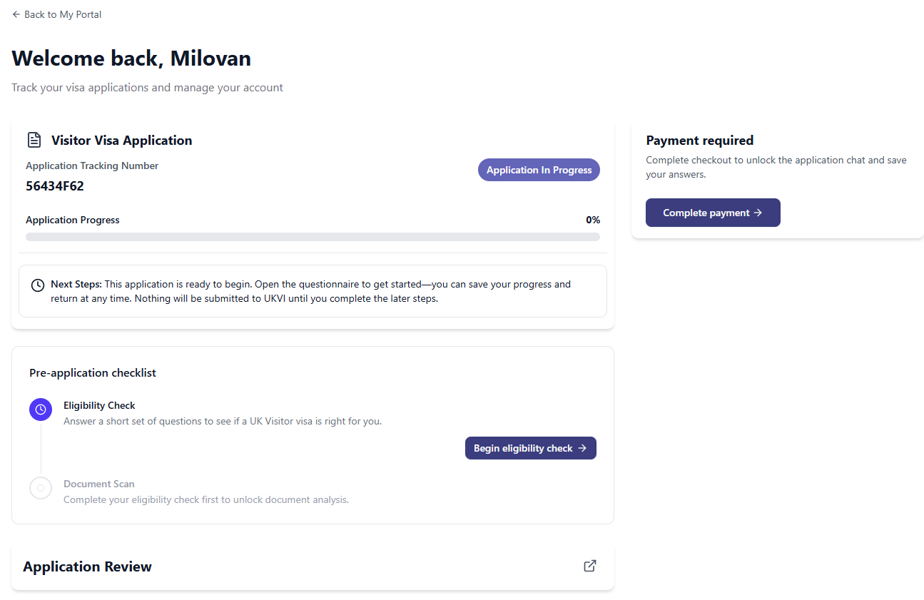 Immigrationist application dashboard with progress, next steps and application review