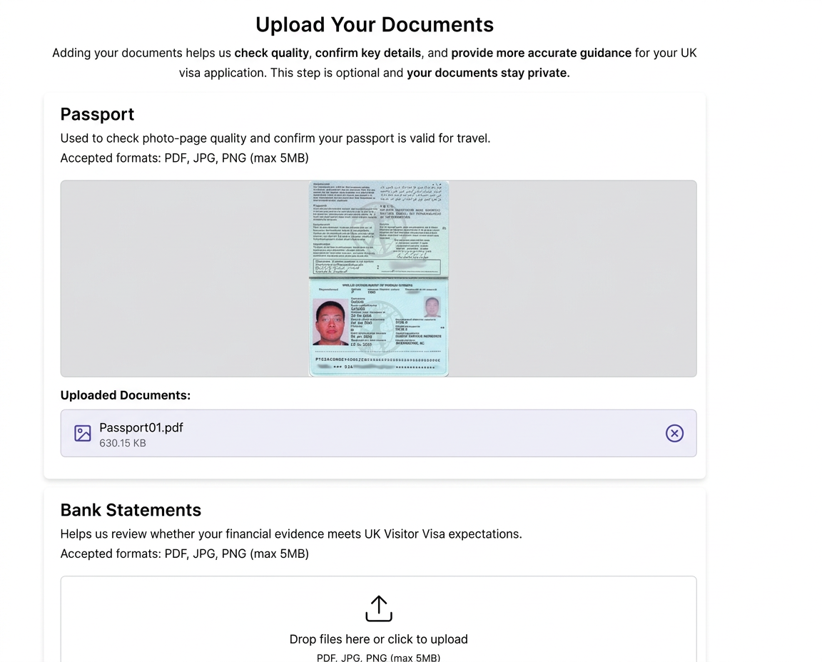 Immigrationist document upload interface showing passport and bank statement upload areas